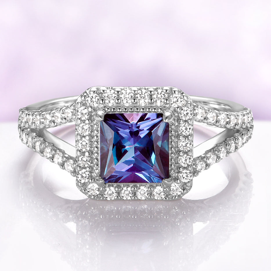 Split Shank Halo Alexandrite Engagement Ring in Sterling Silver
