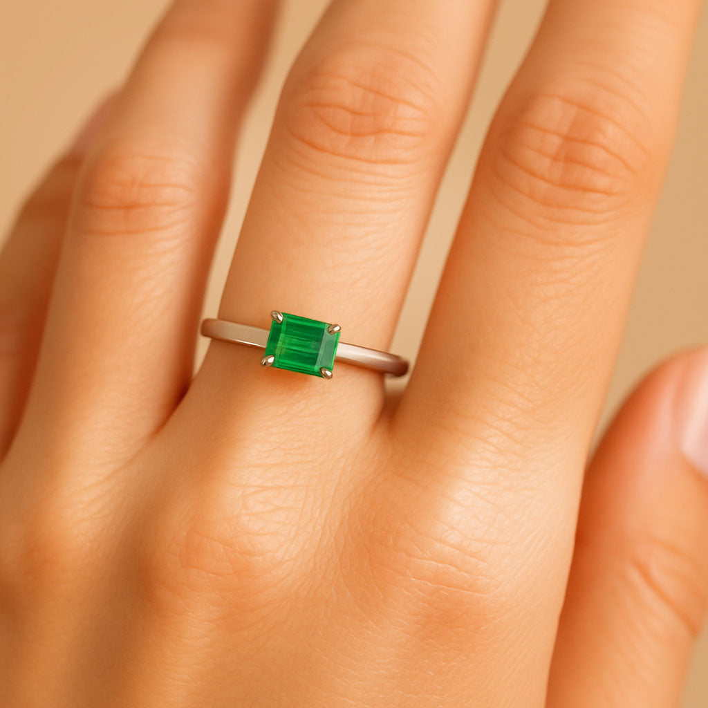 Step Cut Emerald Stacking Prong Set Solitaire Promise Ring