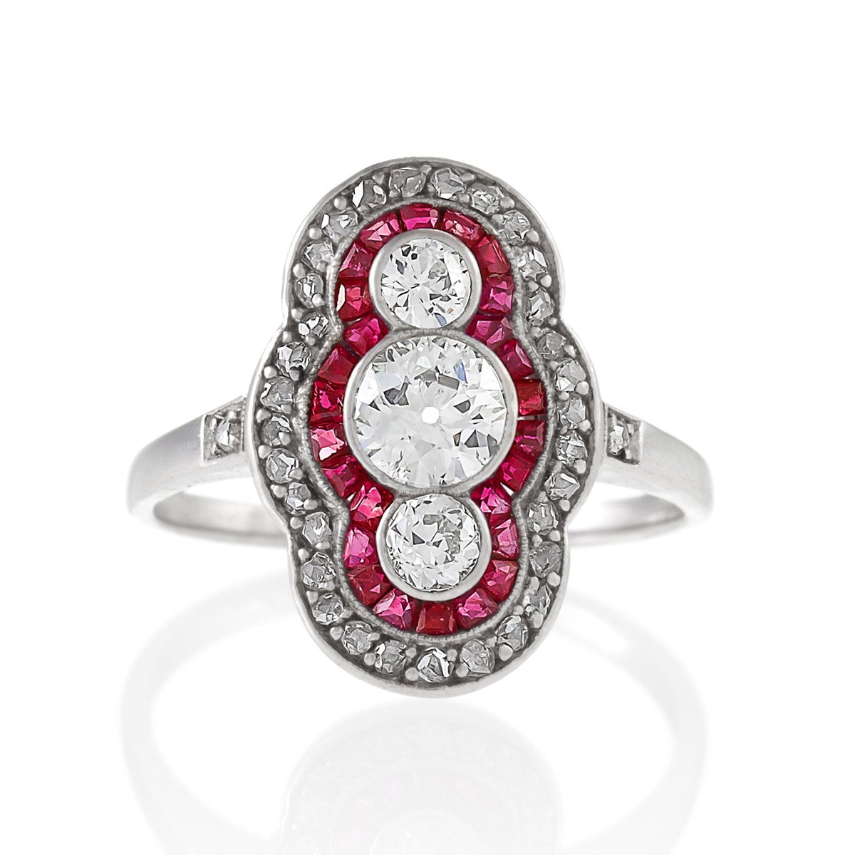 Ruby and Three-Stone Diamond Shield Ring