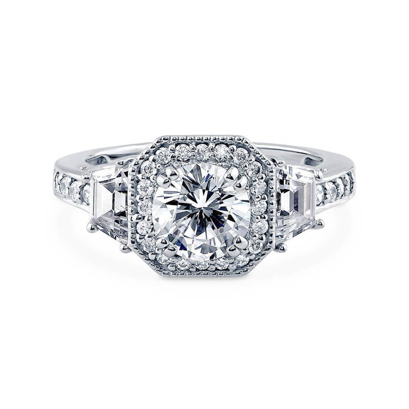 Vintage Three Stone Moissanite And Trapezoid Engagement Ring