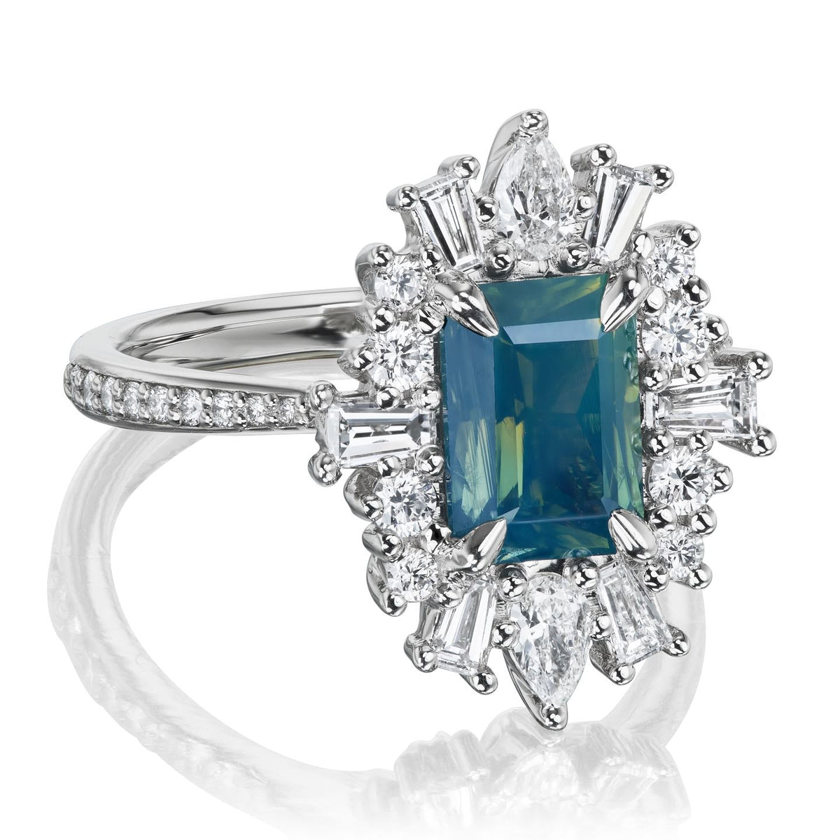・AZURA・Radiant Teal Sapphire Center, Diamond Halo (3.09ctw)