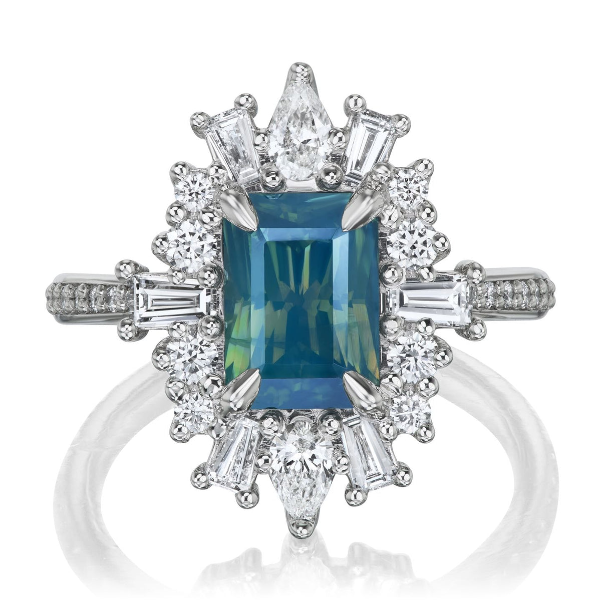 ・AZURA・Radiant Teal Sapphire Center, Diamond Halo (3.09ctw)