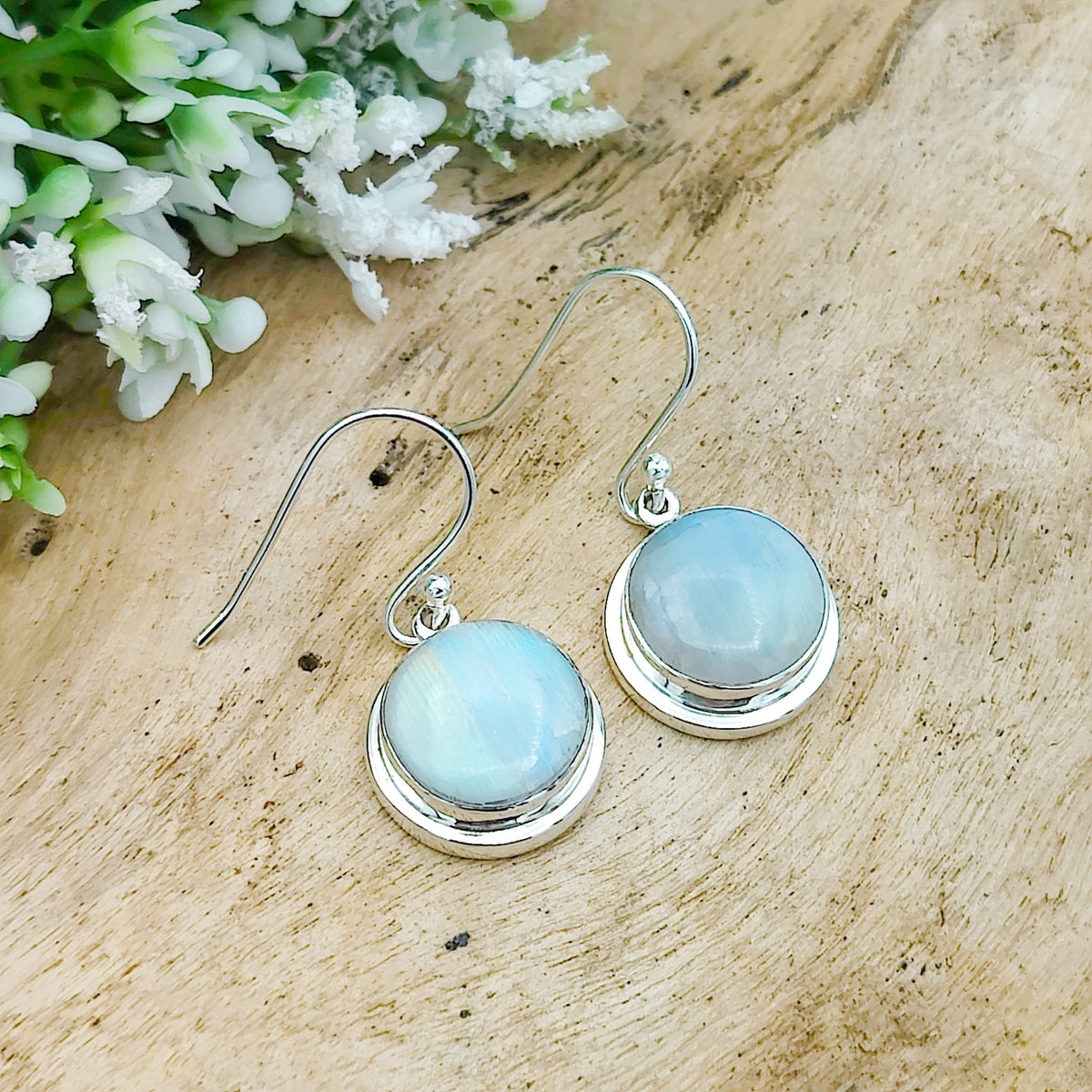 Rainbow Moonstone Earrings | 13mm Round | June Birthstone | Sterling Silver