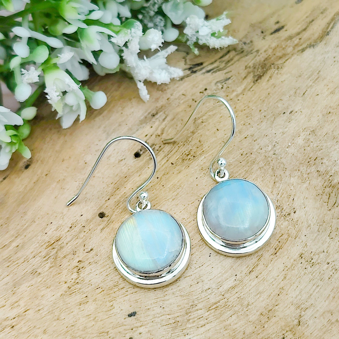 Rainbow Moonstone Earrings | 13mm Round | June Birthstone | Sterling Silver