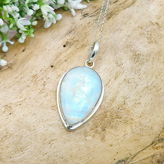 Rainbow Moonstone Pendant | 30mm Inverted Teardrop | Sterling silver