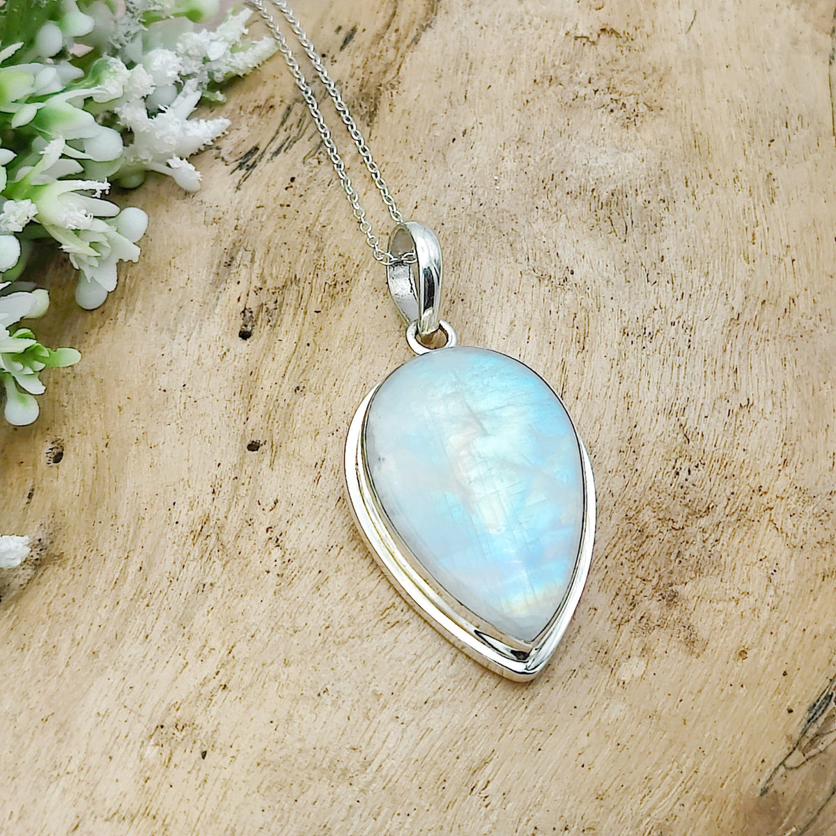 Rainbow Moonstone Pendant | 30mm Inverted Teardrop | Sterling silver