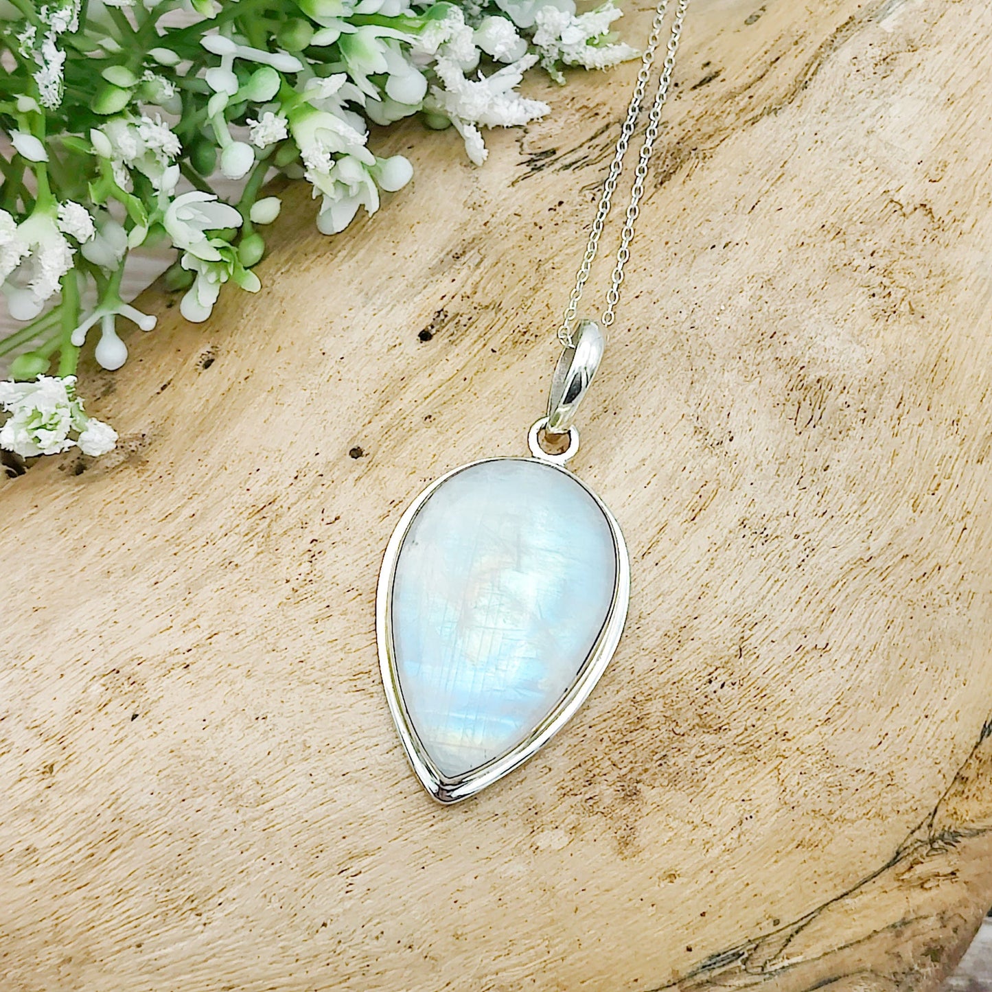 Rainbow Moonstone Pendant | 30mm Inverted Teardrop | Sterling silver
