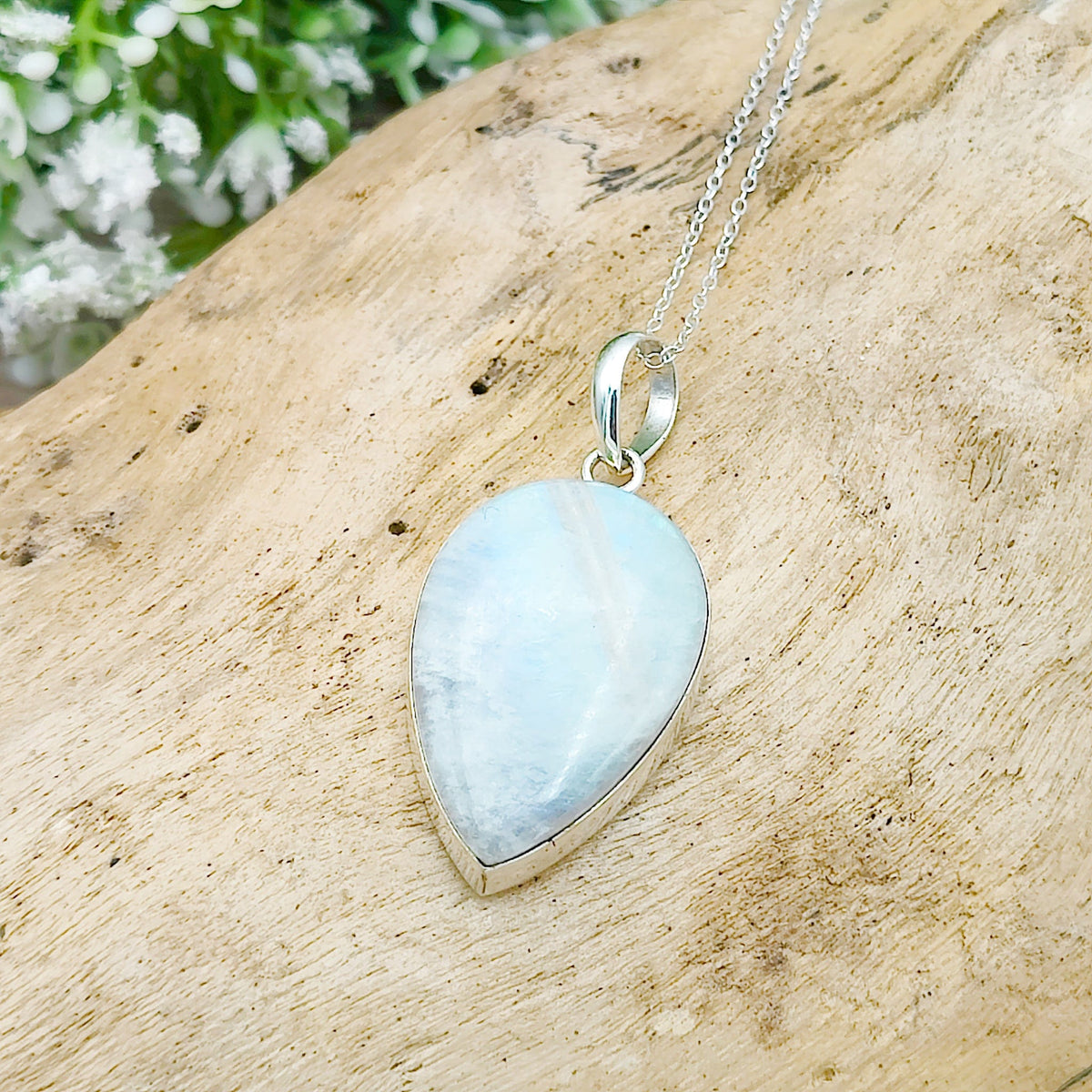 Rainbow Moonstone Pendant | 30mm Inverted Teardrop | Sterling silver