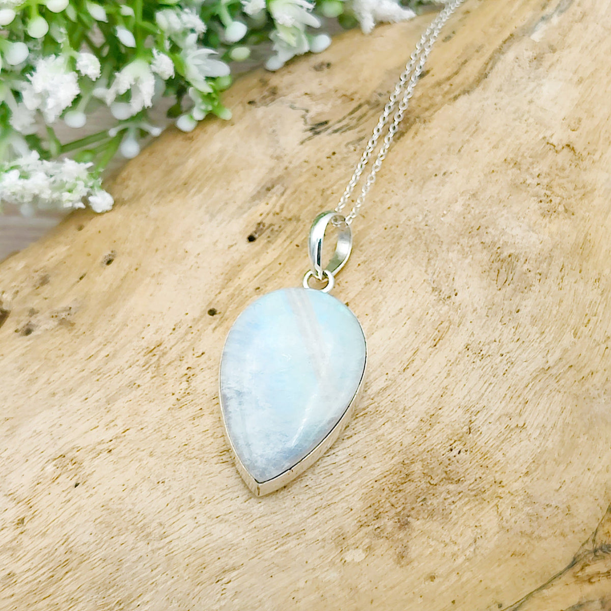 Rainbow Moonstone Pendant | 30mm Inverted Teardrop | Sterling silver