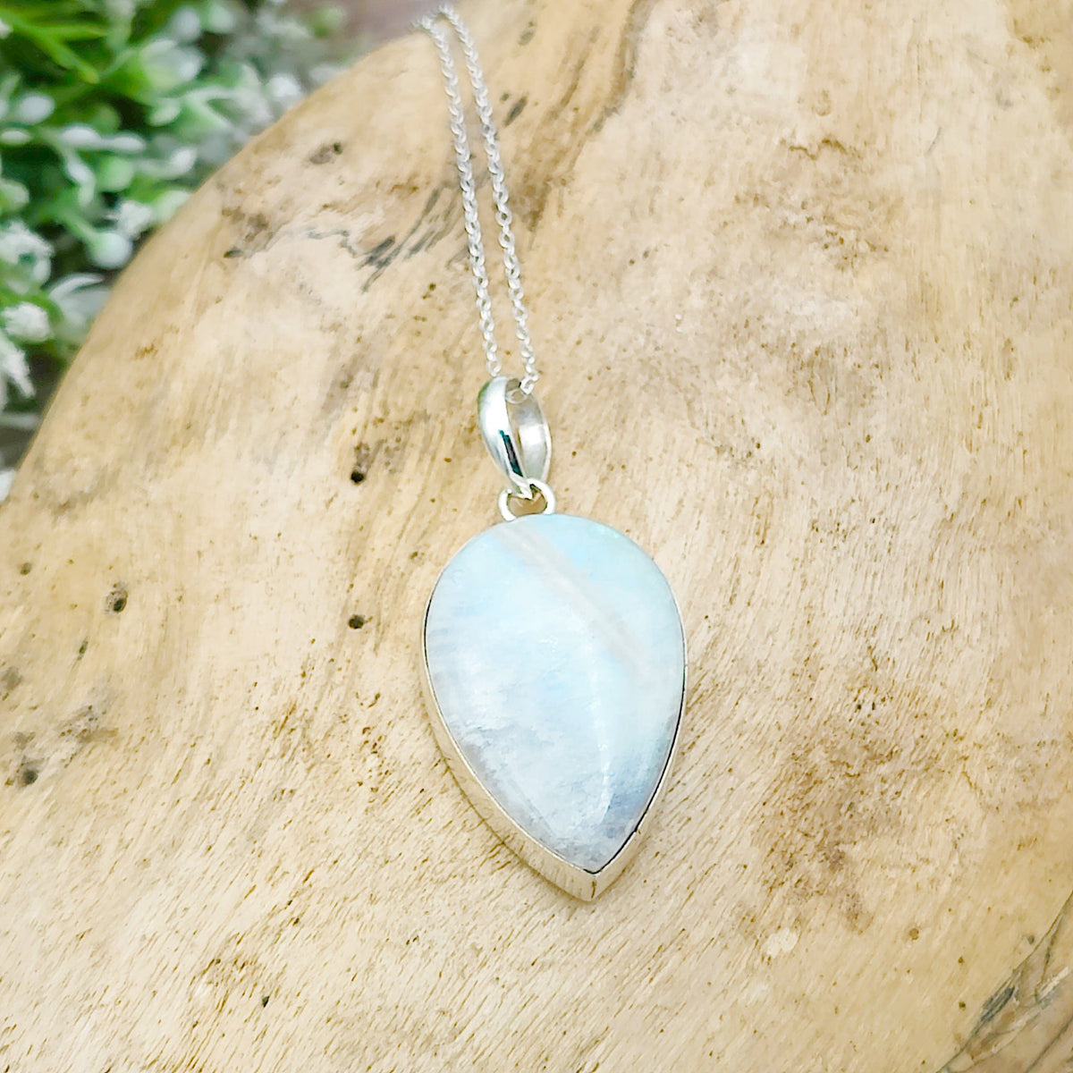 Rainbow Moonstone Pendant | 30mm Inverted Teardrop | Sterling silver