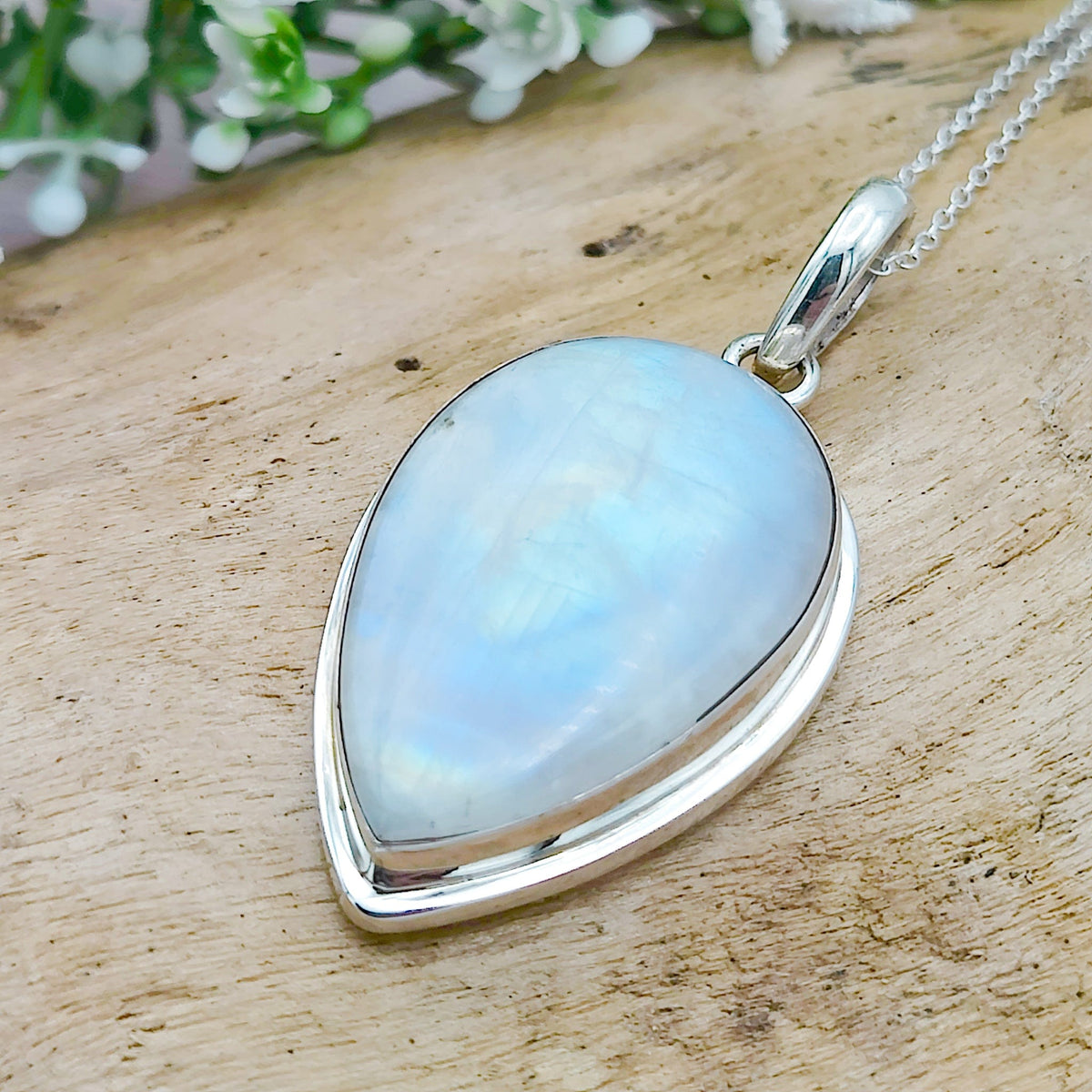 Rainbow Moonstone Pendant | 30mm Inverted Teardrop | Sterling silver