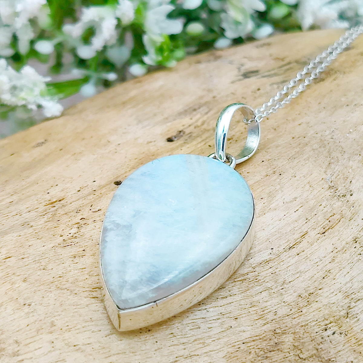 Rainbow Moonstone Pendant | 30mm Inverted Teardrop | Sterling silver