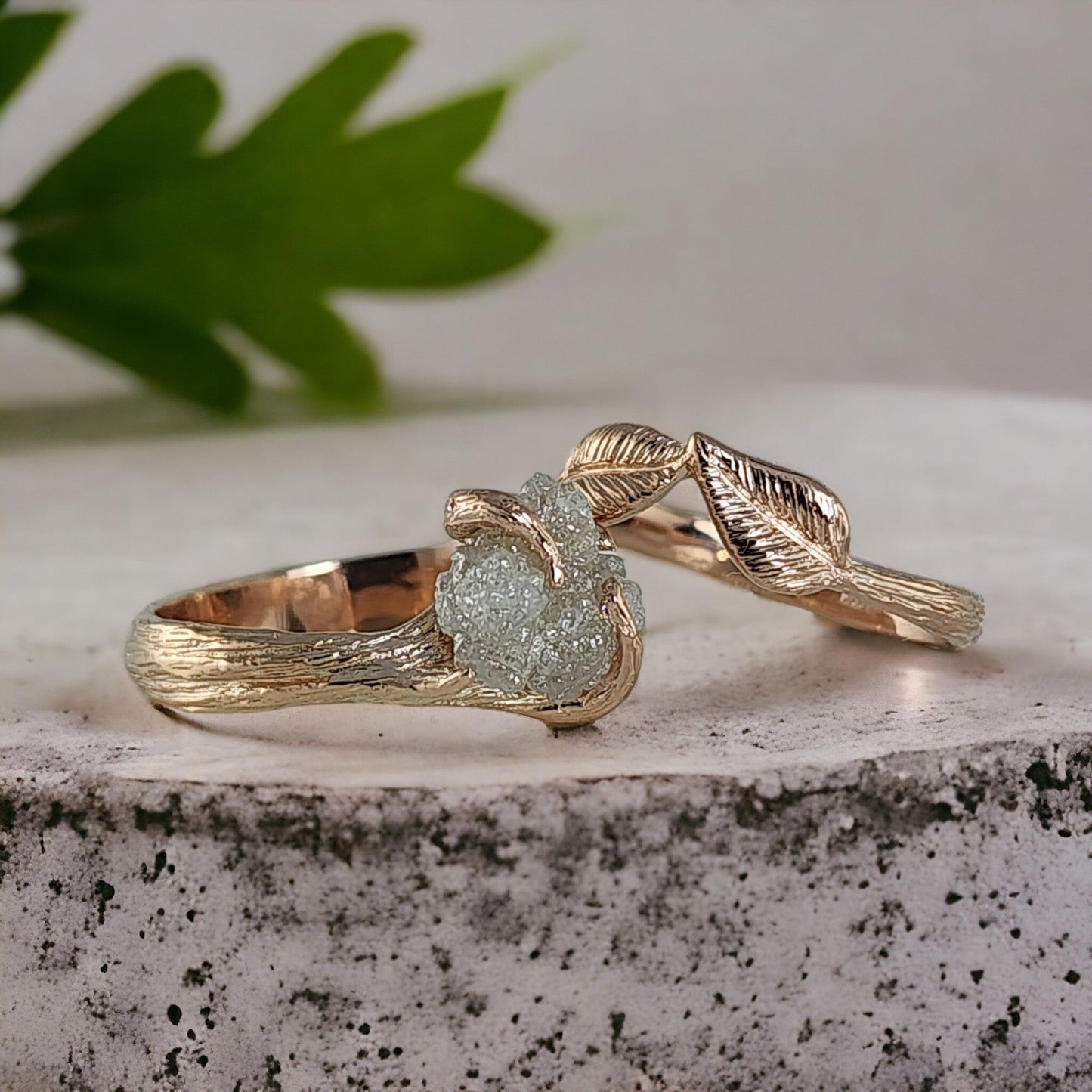 Raw Diamond Engagement Ring - Handcrafted 14k Rose Gold Twig Design