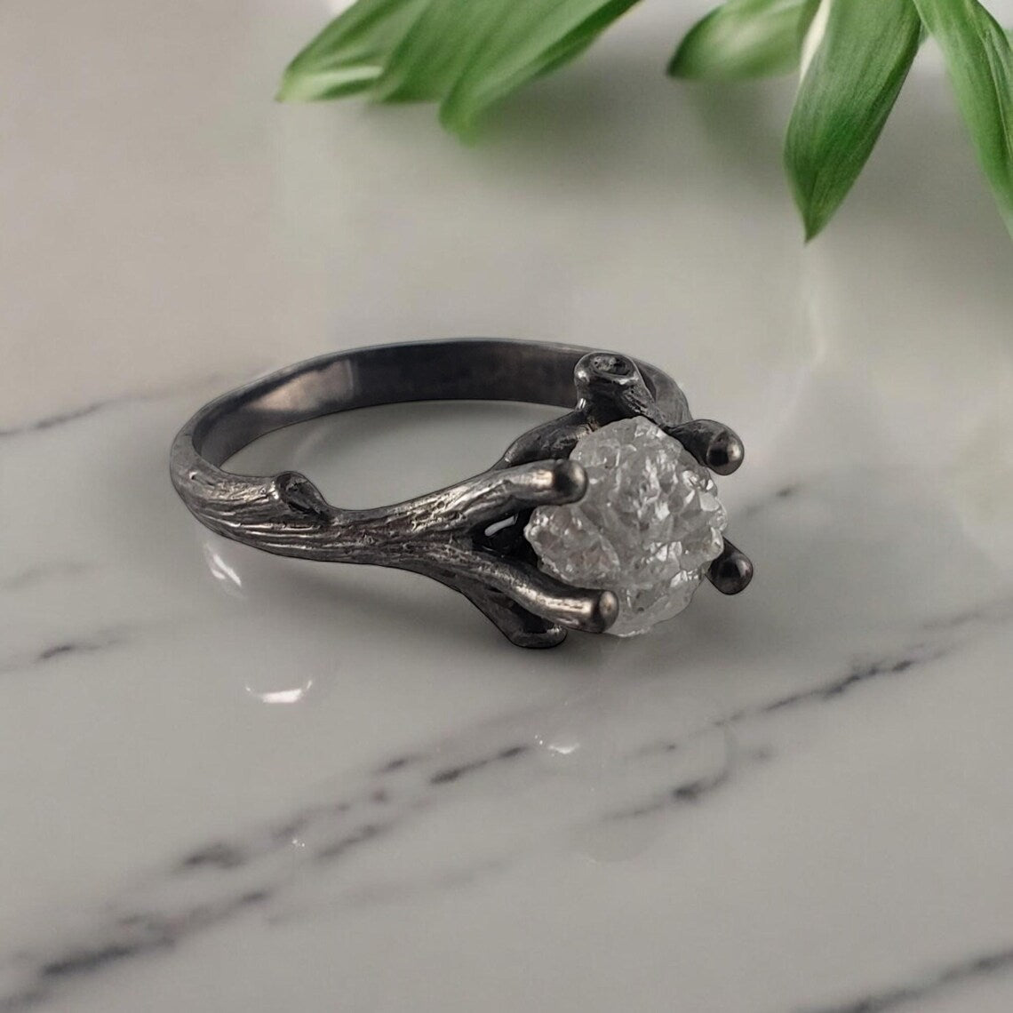 Raw Diamond Twig Ring Set - Unique Ruthenium Finish