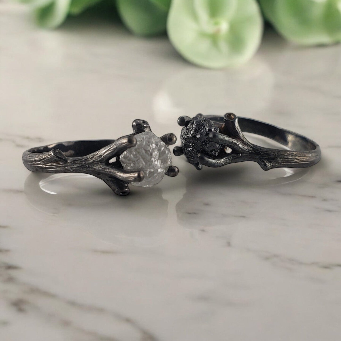 Raw Diamond Twig Ring Set - Unique Ruthenium Finish