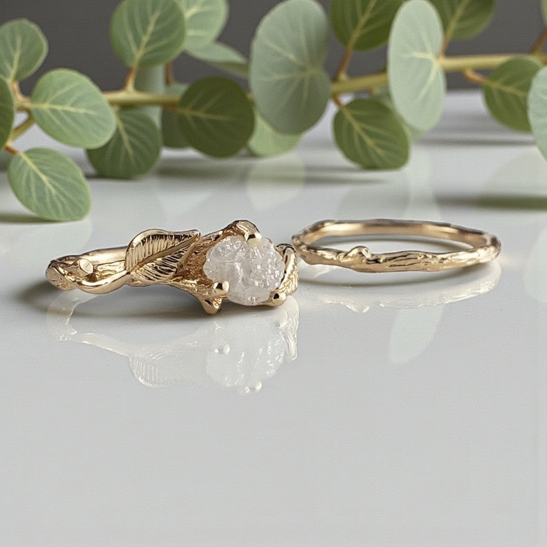 Rough Diamond Bridal Set with Leaf and Twig Design
