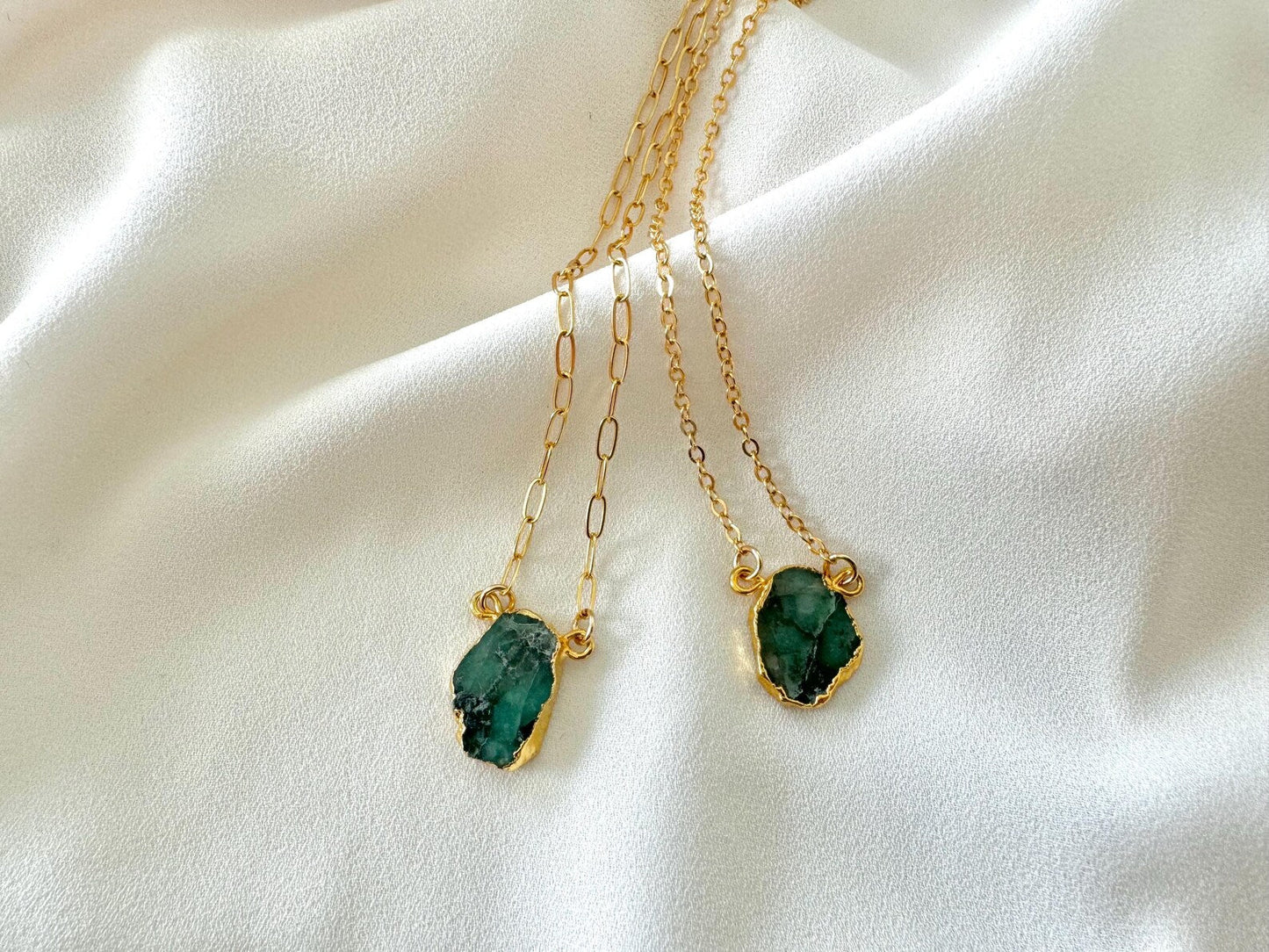 Raw Emerald Pendant Necklace - Gold Filled - May Birthstone