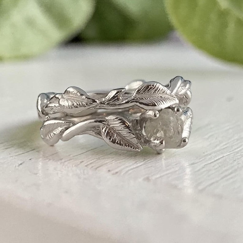 Raw Rough Diamond Leaf Bridal Set in Solid Gold