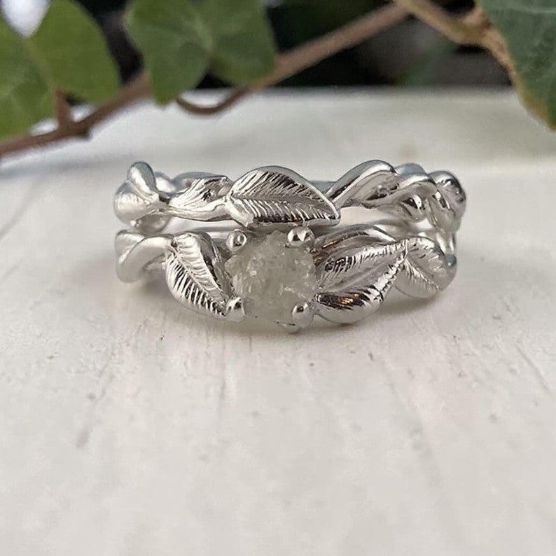 Raw Rough Diamond Leaf Bridal Set in Solid Gold