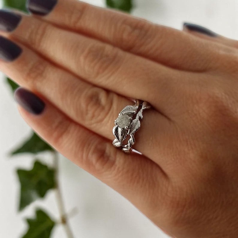 Raw Rough Diamond Leaf Bridal Set in Solid Gold