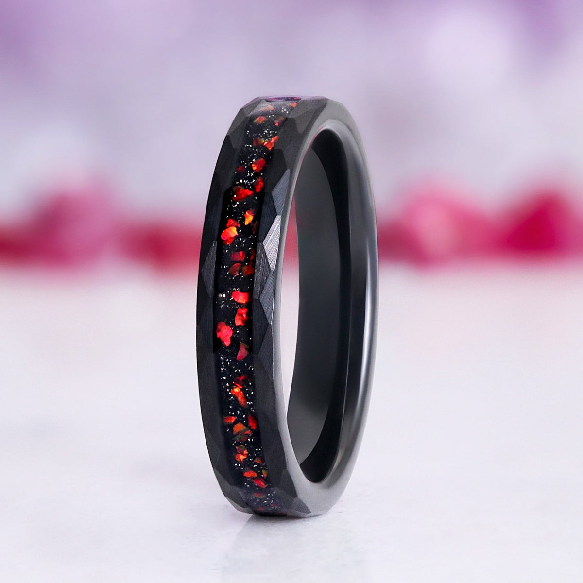 Galaxy Red Fire Opal Hammered Tungsten Couples Ring