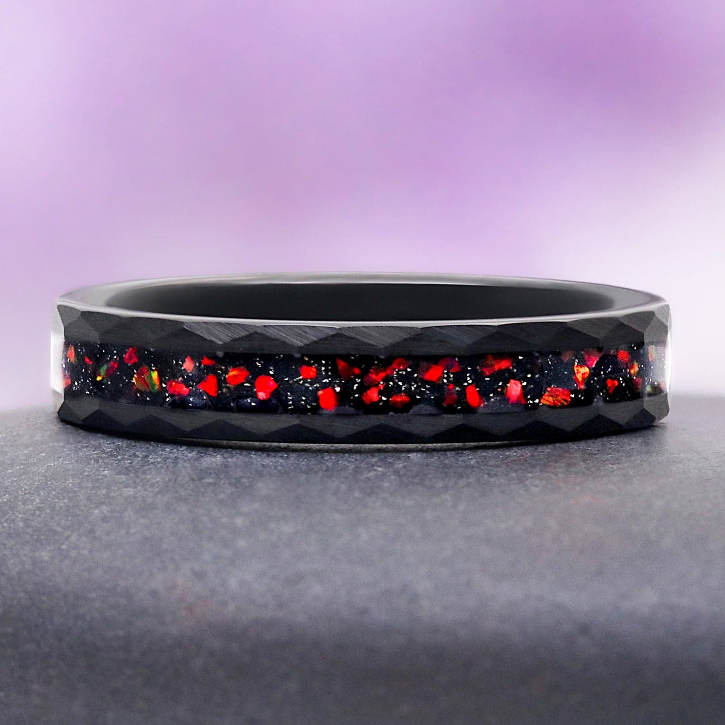 Galaxy Red Fire Opal Hammered Wedding Band in Black Tungsten Carbide (4mm)