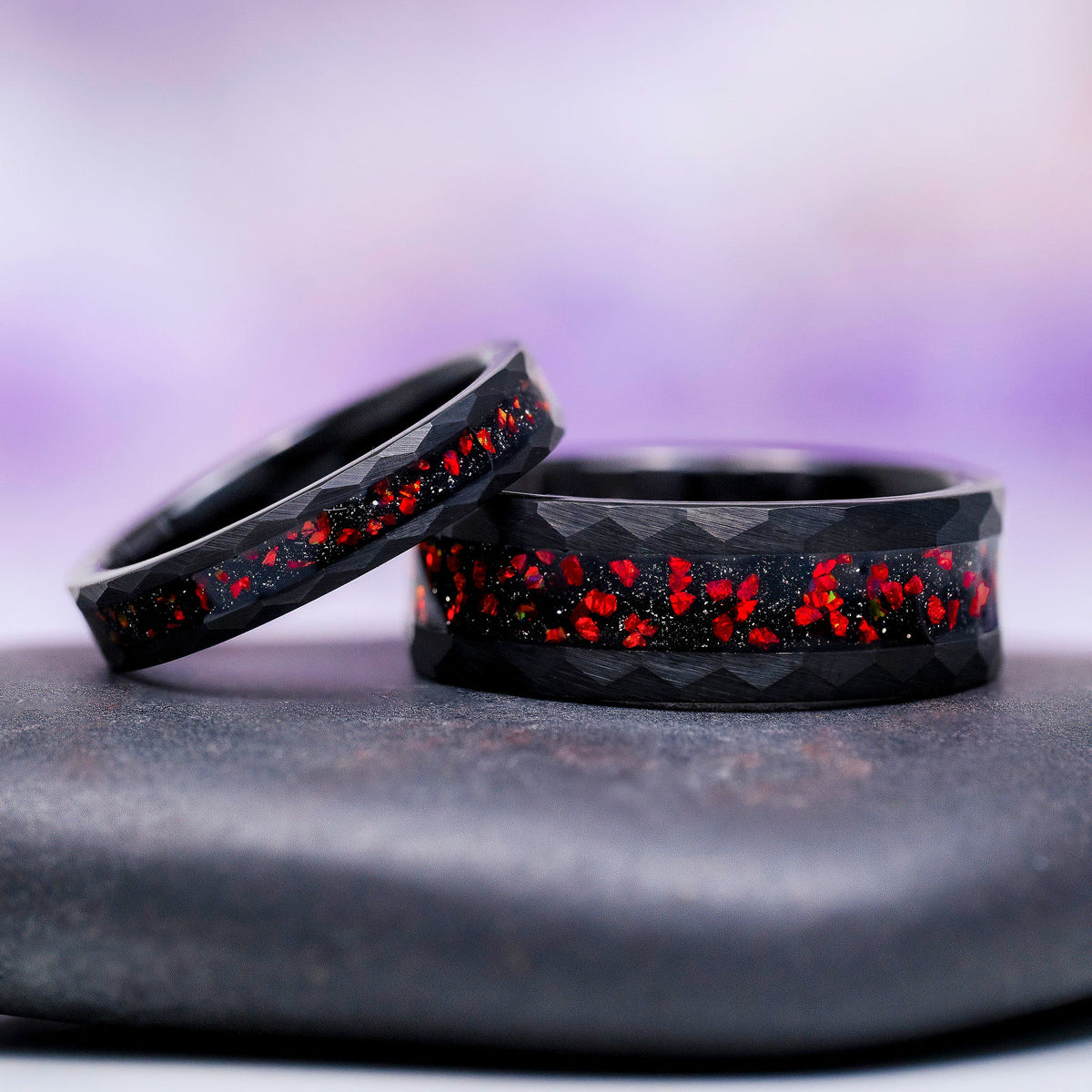 Galaxy Red Fire Opal Hammered Wedding Band in Black Tungsten Carbide (4mm)