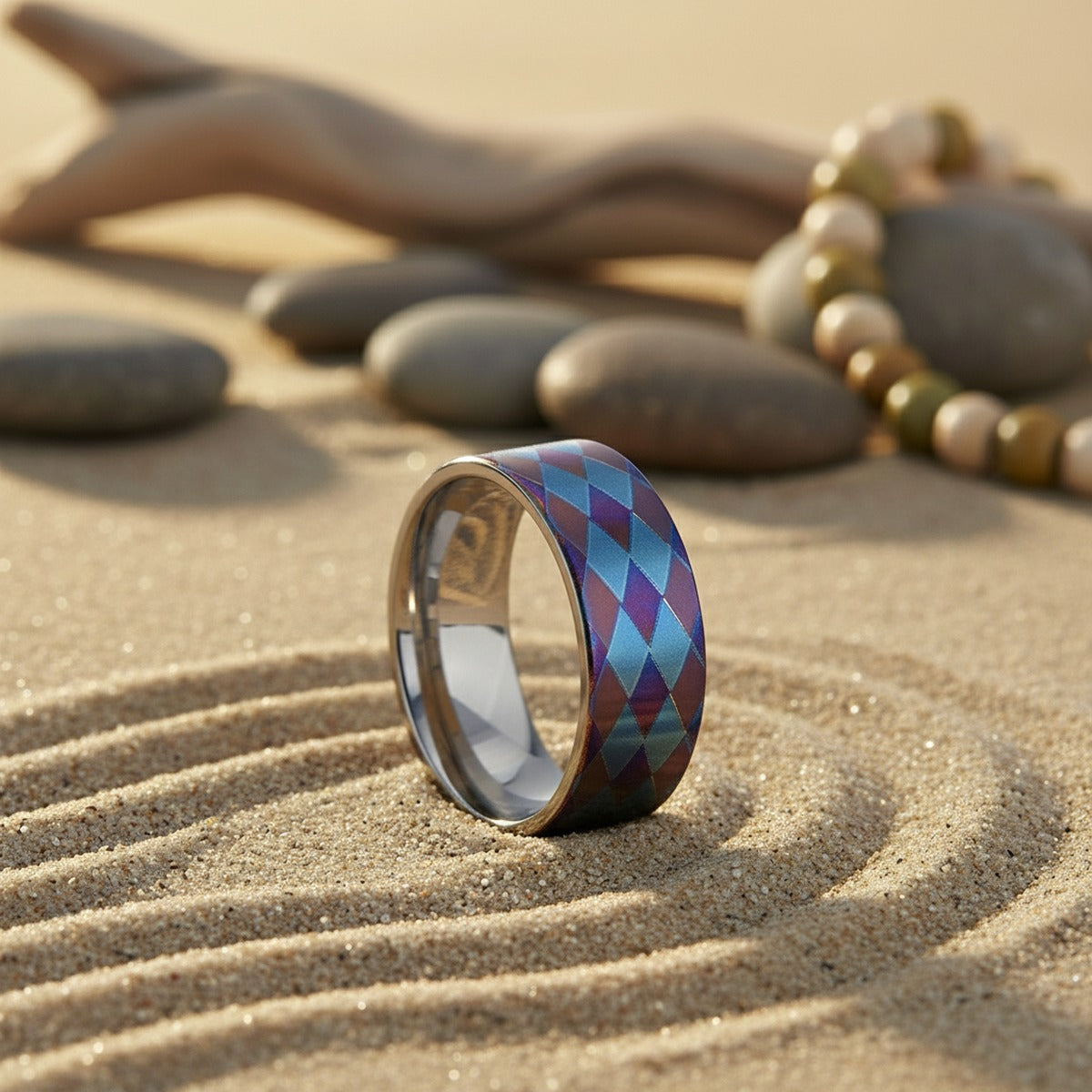 MERIDIAN | Flat Titanium Ring, Purple and Blue Diamond Pattern