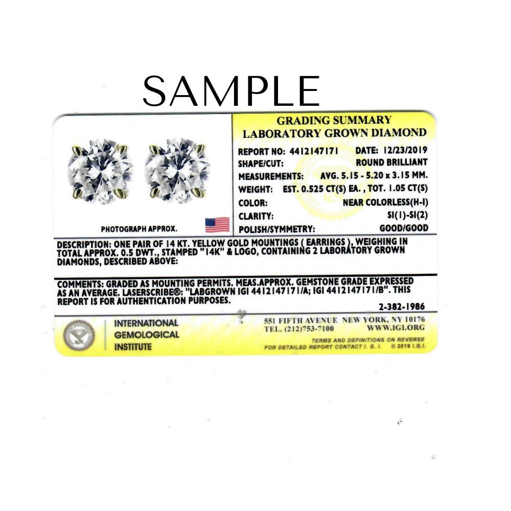 Certified 1Ct TW Round Diamond Studs 14k Gold Lab Grown Earrings