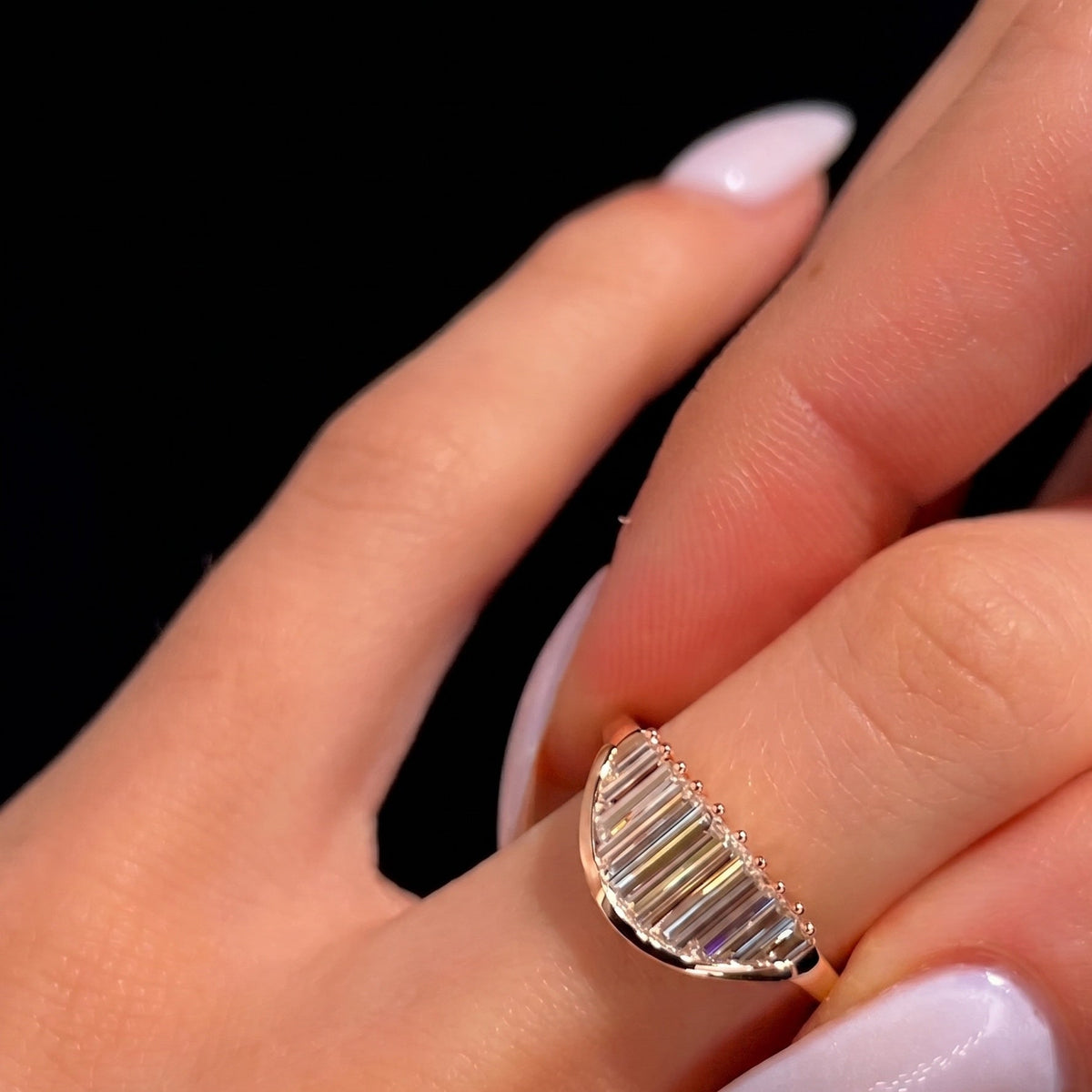 Art Deco Baguette Cut Half Moon Statement Ring