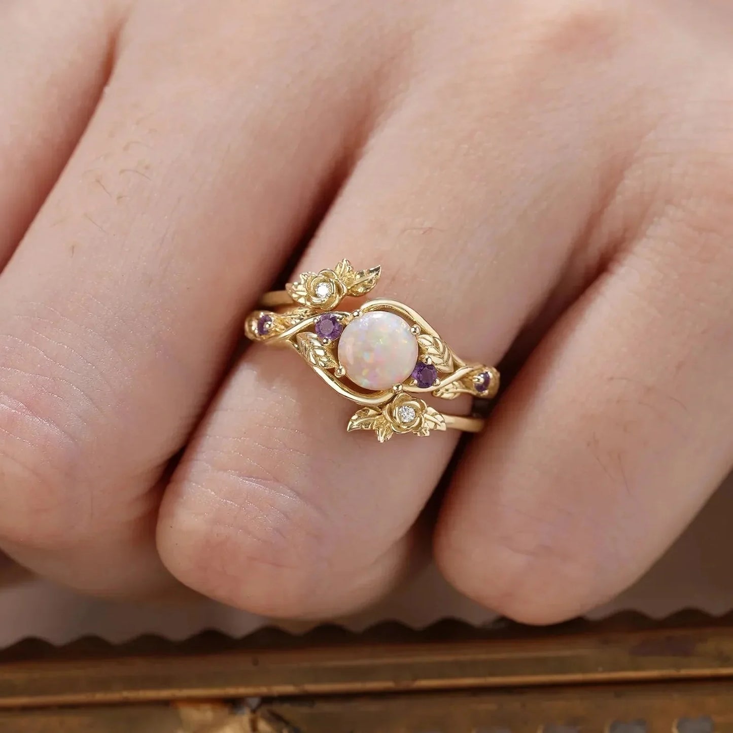 Rose’s Blossom | Round Opal & Amethyst Bridal Ring Set 2pcs