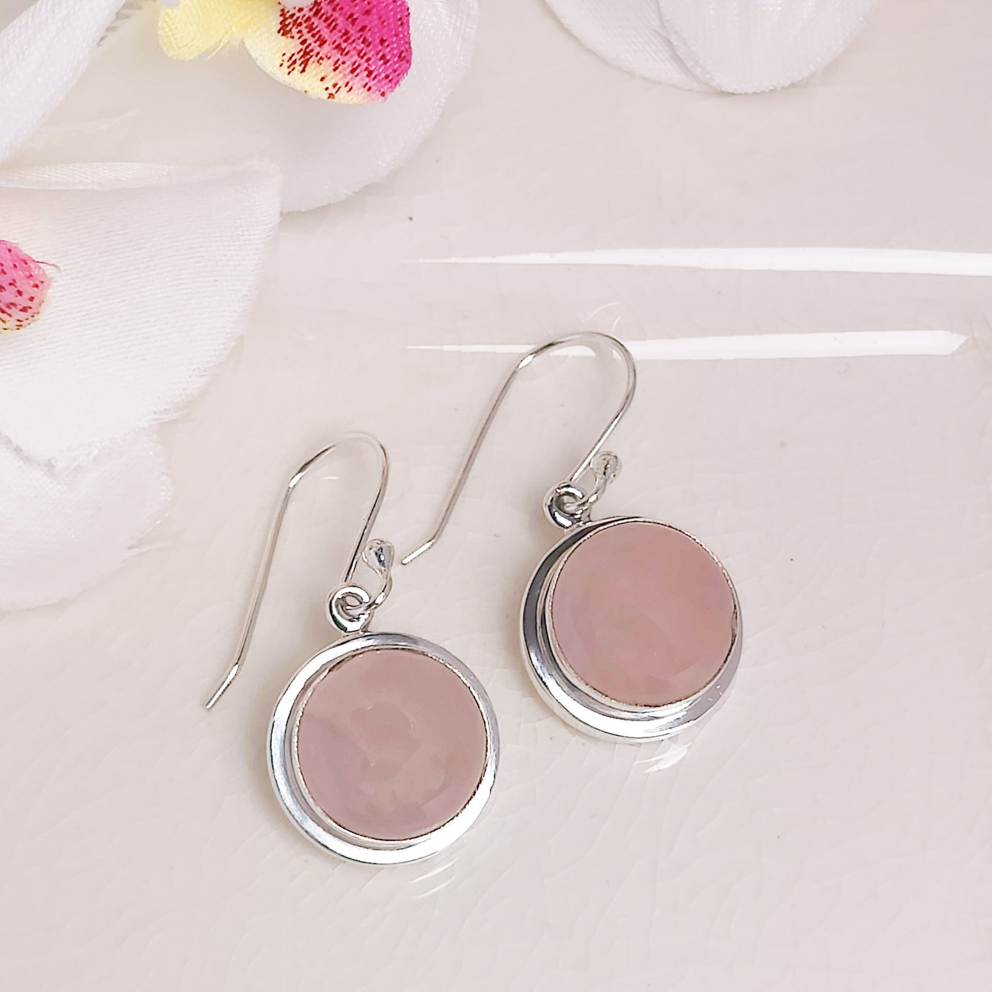 Rose Quartz Earrings | 15mm Circular | 5th Anniversary | Sterling Silver