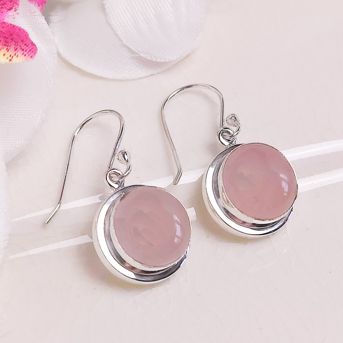 Rose Quartz Earrings | 15mm Circular | 5th Anniversary | Sterling Silver