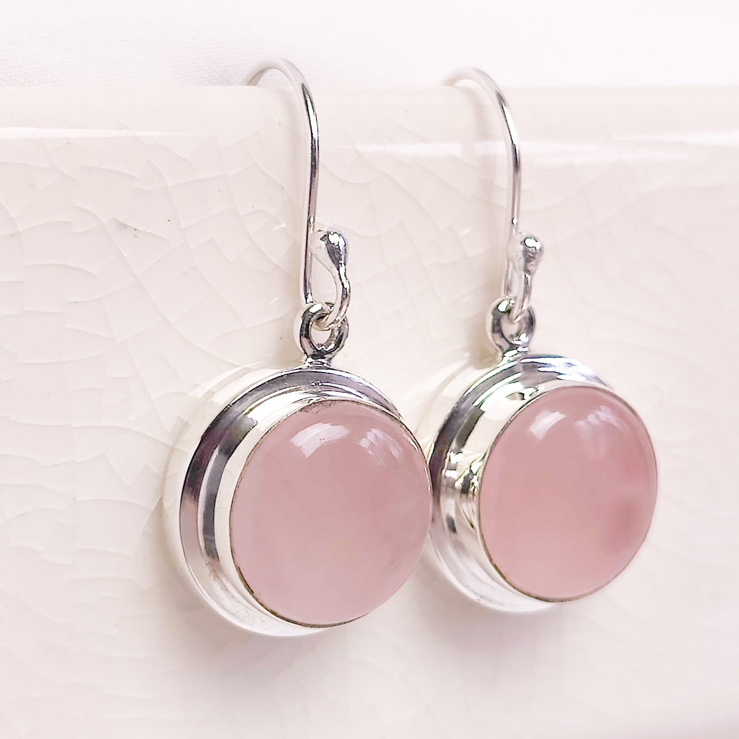 Rose Quartz Earrings | 15mm Circular | 5th Anniversary | Sterling Silver