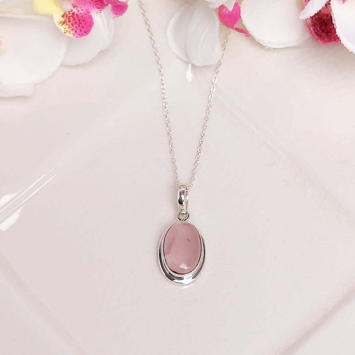 Rose Quartz Pendant | 15mm Oval | January Gift | Sterling Silver