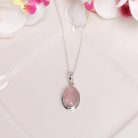 Rose Quartz Pendant | 15mm Oval | January Gift | Sterling Silver