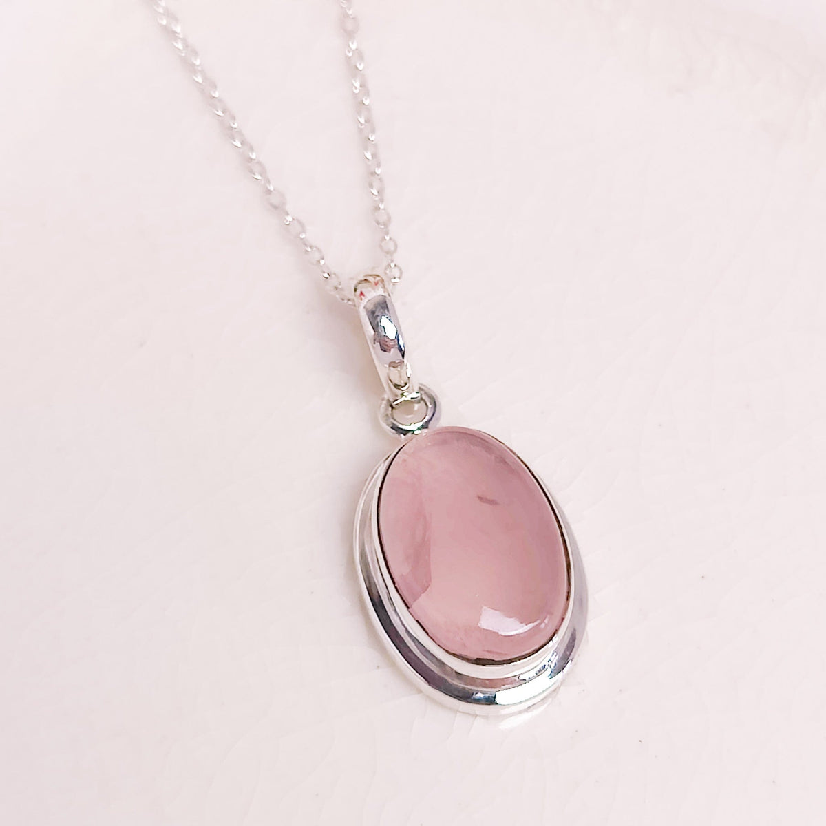 Rose Quartz Pendant | 15mm Oval | January Gift | Sterling Silver