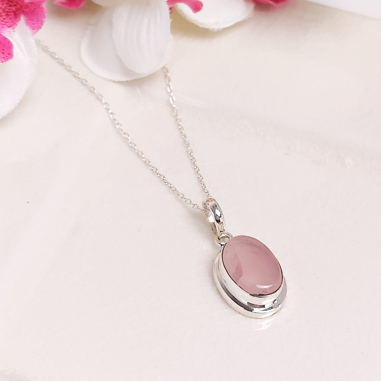 Rose Quartz Pendant | 15mm Oval | January Gift | Sterling Silver