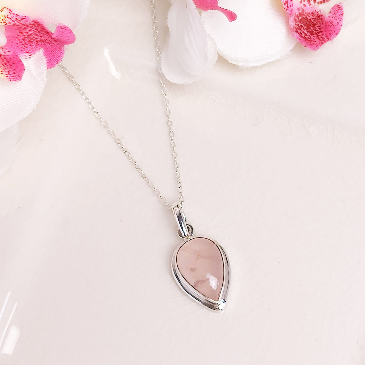 Rose Quartz Pendant | 15mm Teardrop | January Gift | Sterling Silver