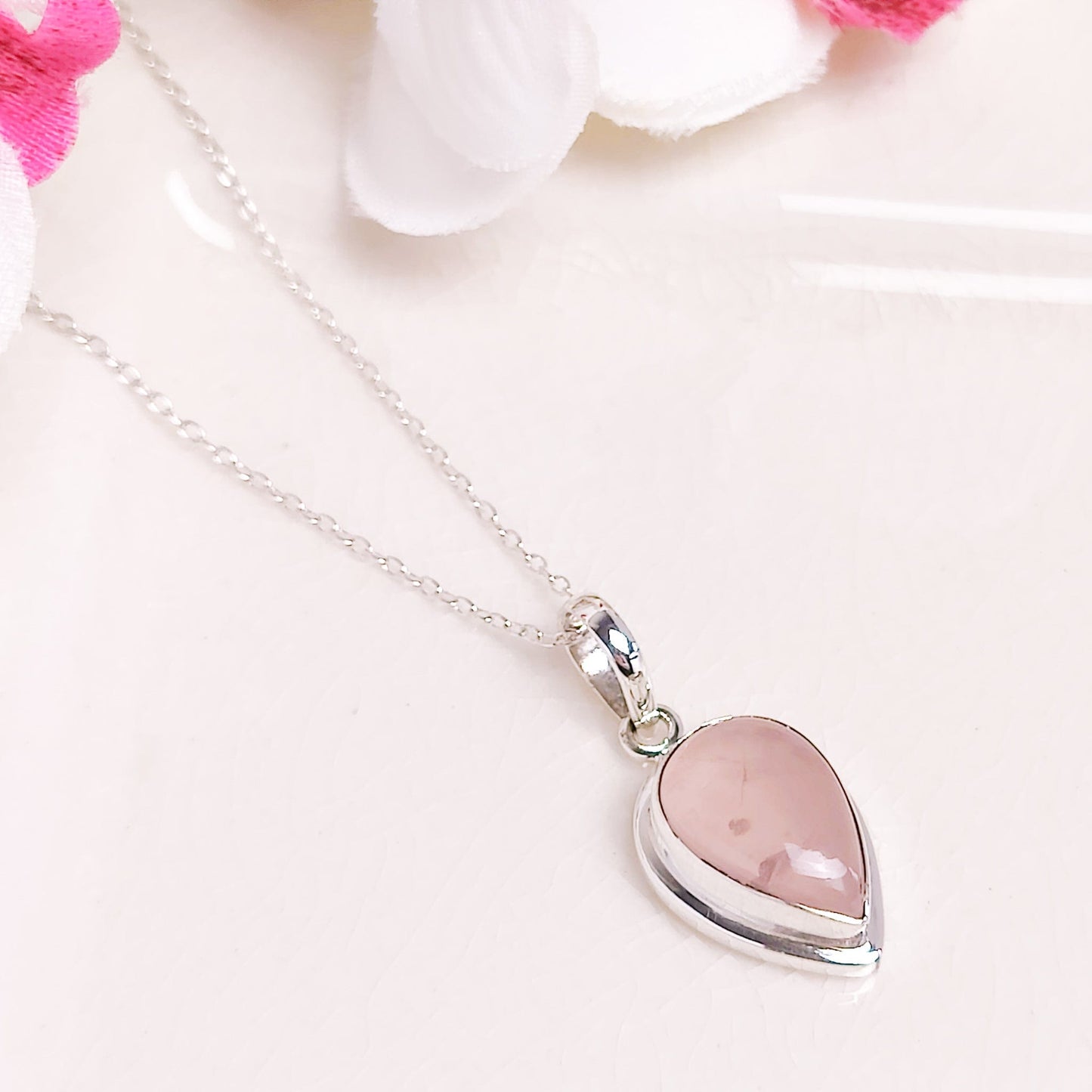 Rose Quartz Pendant | 15mm Teardrop | January Gift | Sterling Silver