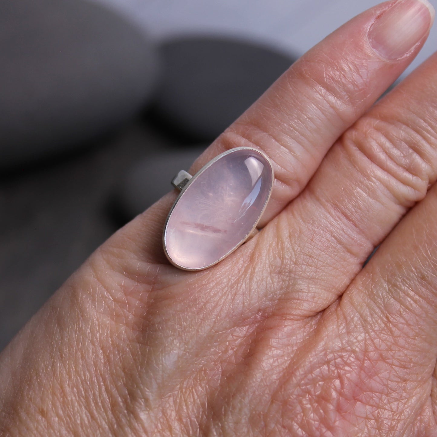 Rose Quartz Statement Ring Size 5 | Handmade Sterling Silver | Pink Gemstone