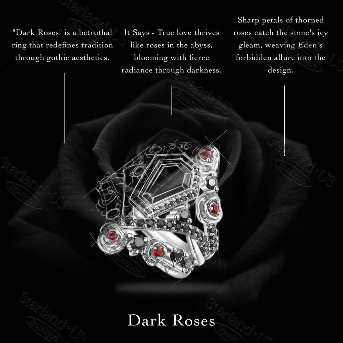 Unique Coffin Garnet Gothic Rose Flower Engagement Ring Set 3pcs