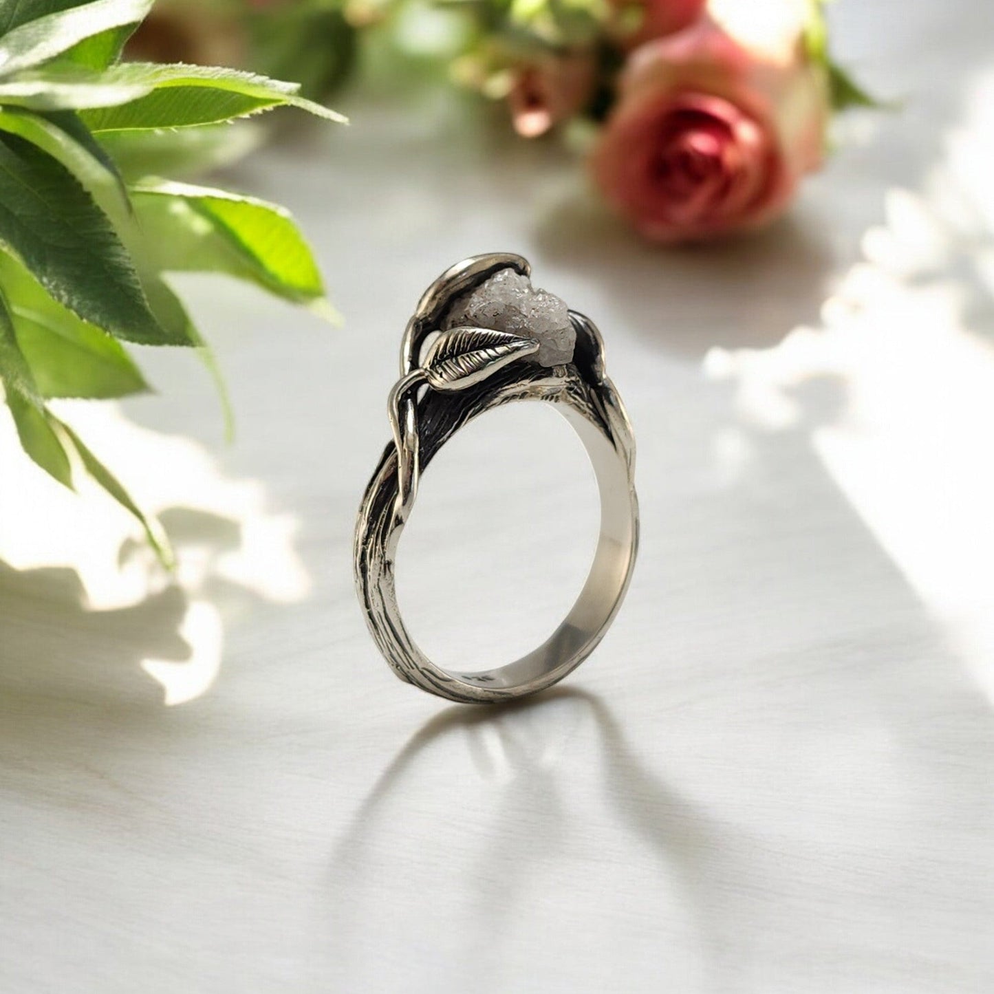 Rough Diamond Leaf Engagement Ring