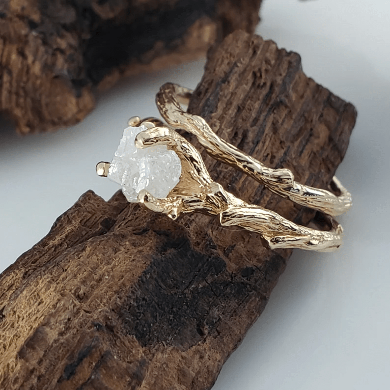 Rough Diamond Twig Engagement Bridal Set in Solid Yellow Gold