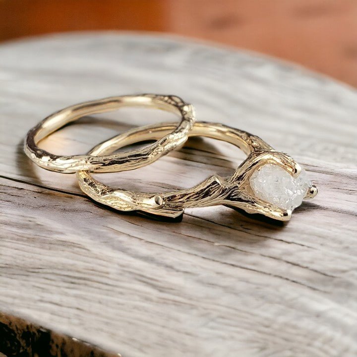 Rough Diamond Twig Engagement Bridal Set in Solid Yellow Gold