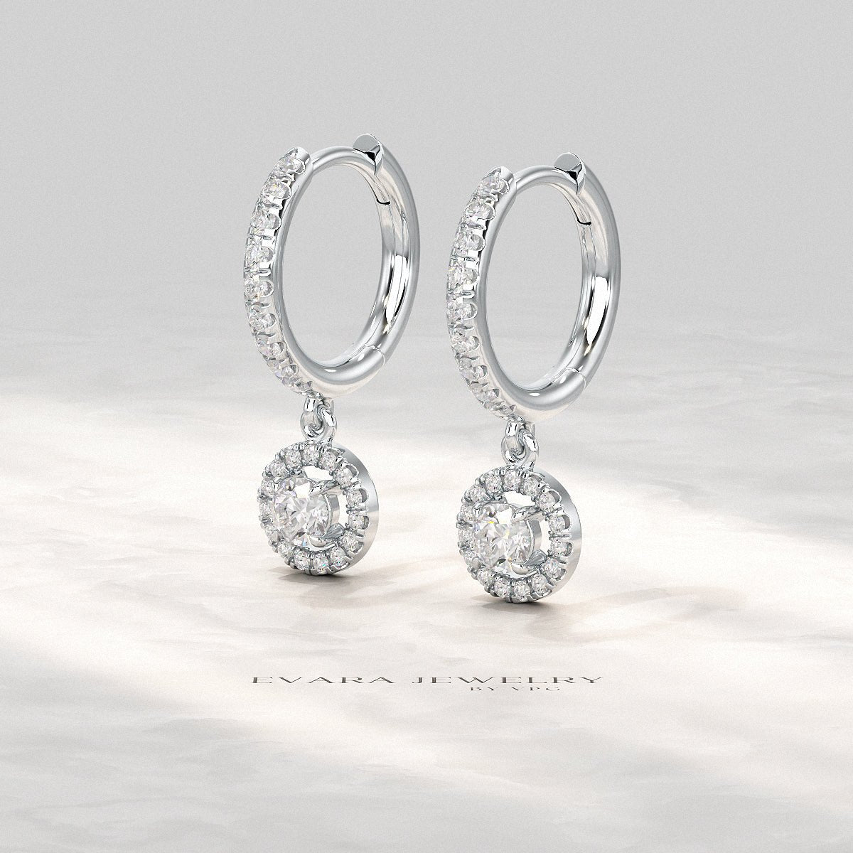 Round Cut Halo Drop Diamond Huggies Earrings