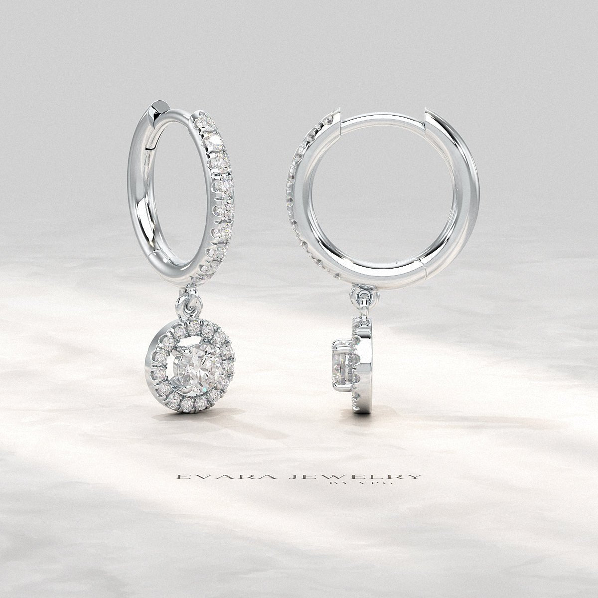 Round Cut Halo Drop Diamond Huggies Earrings