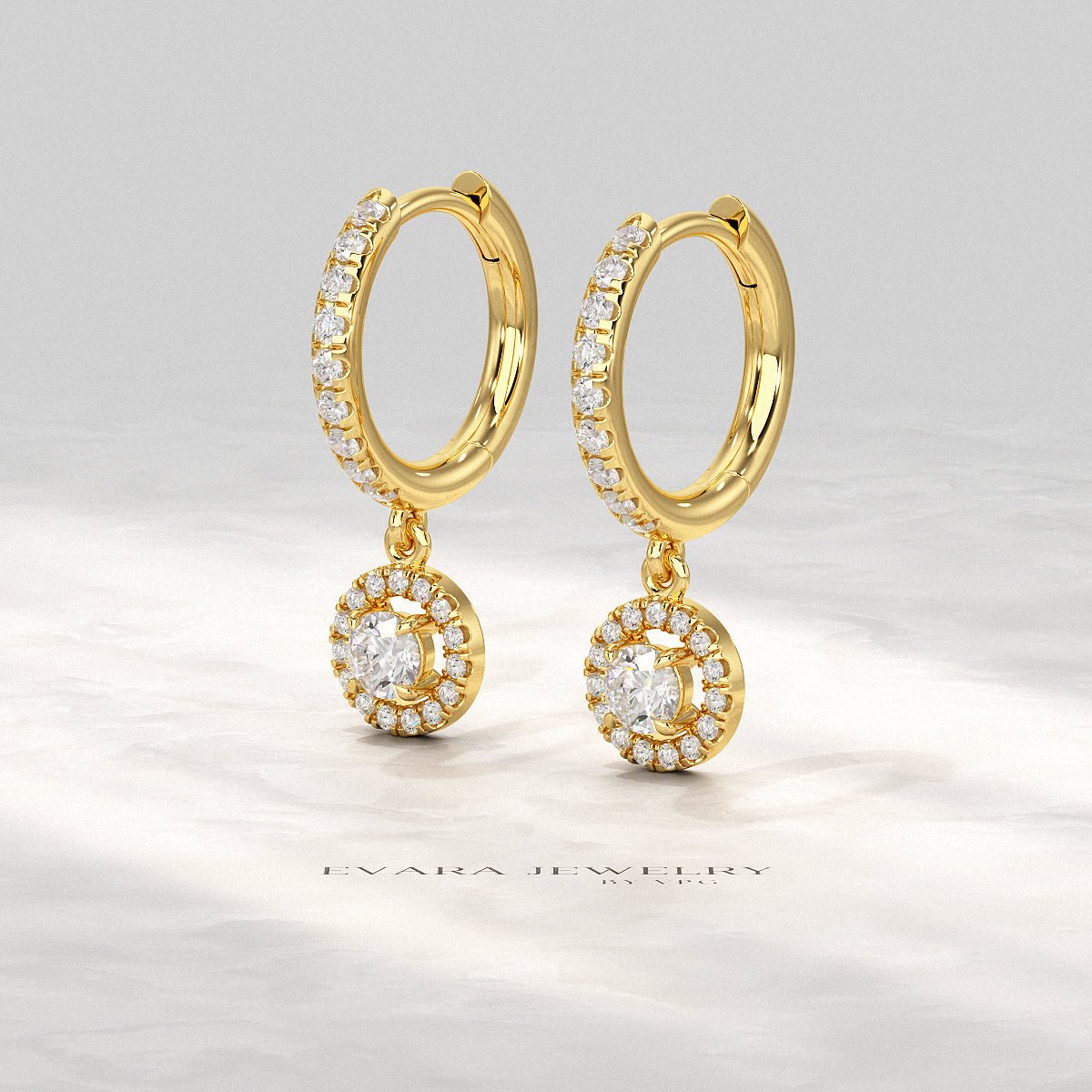 Round Cut Halo Drop Diamond Huggies Earrings