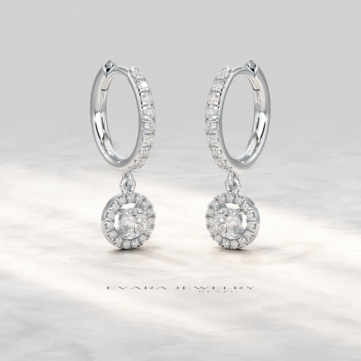 Round Cut Halo Drop Diamond Huggies Earrings