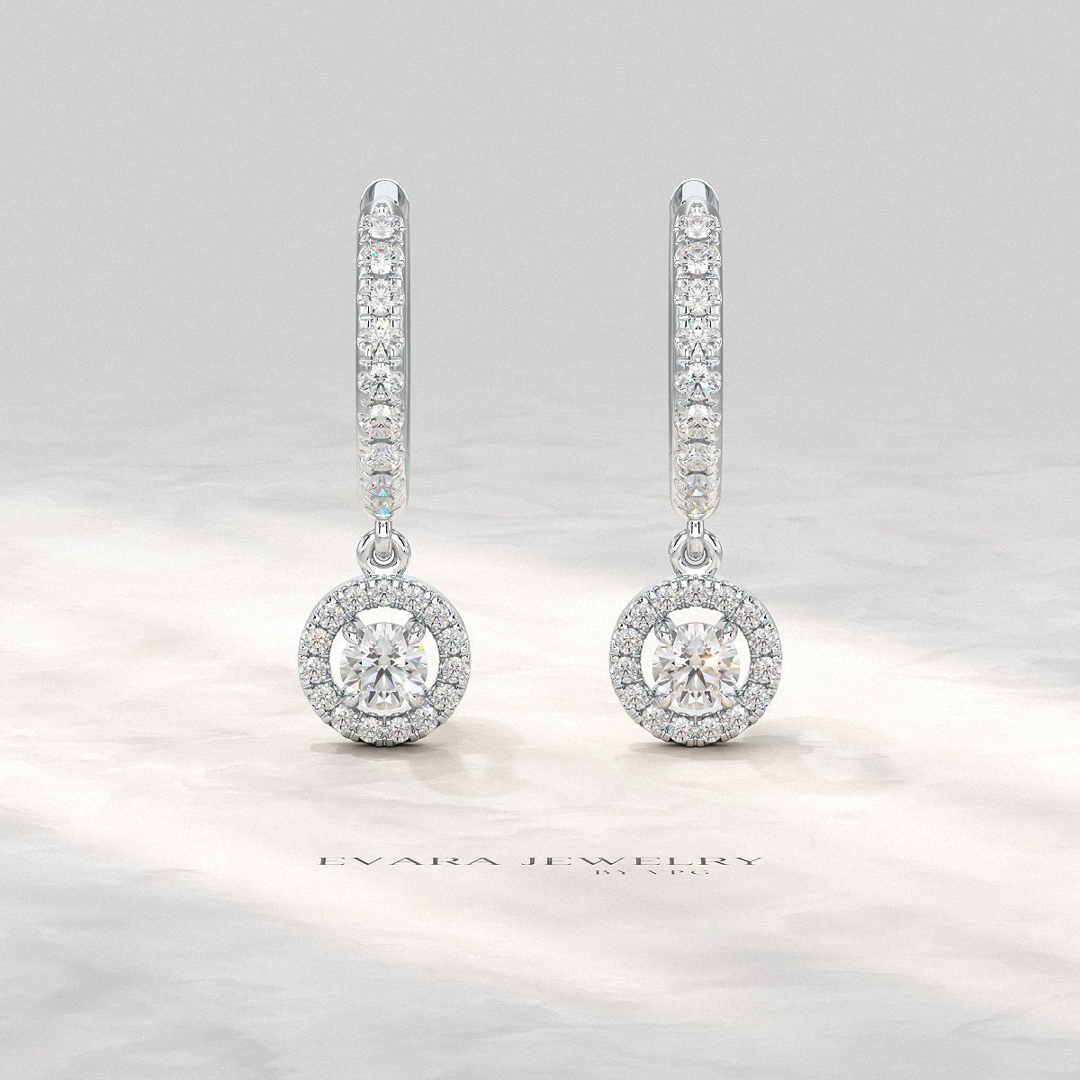 Round Cut Halo Drop Diamond Huggies Earrings